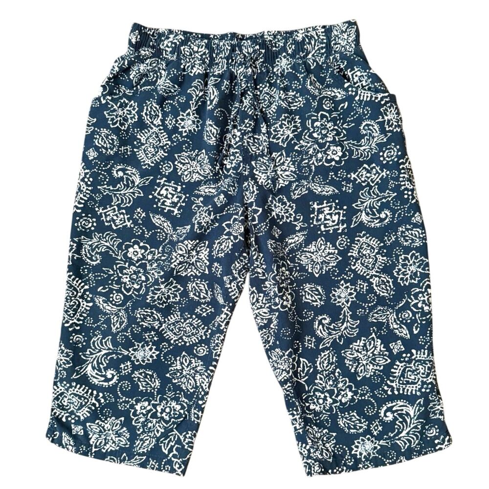 Gloria Vanderbilt Casuals Petite Small PS Crop Capri Pants Blue Paisley Pull On